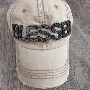 BLESSED Baseball Hat Cap Tan Distressed Rhinestones by Olive & Pique